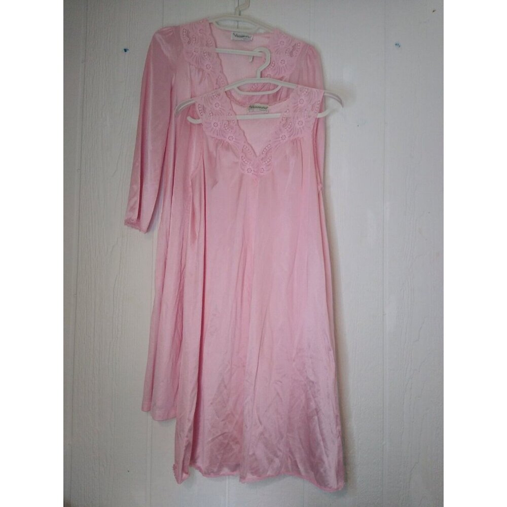 Vtg Vassarette Women's Sz S Sheer PInk Negligee 2 Pc Night Gown Robe Lace USA